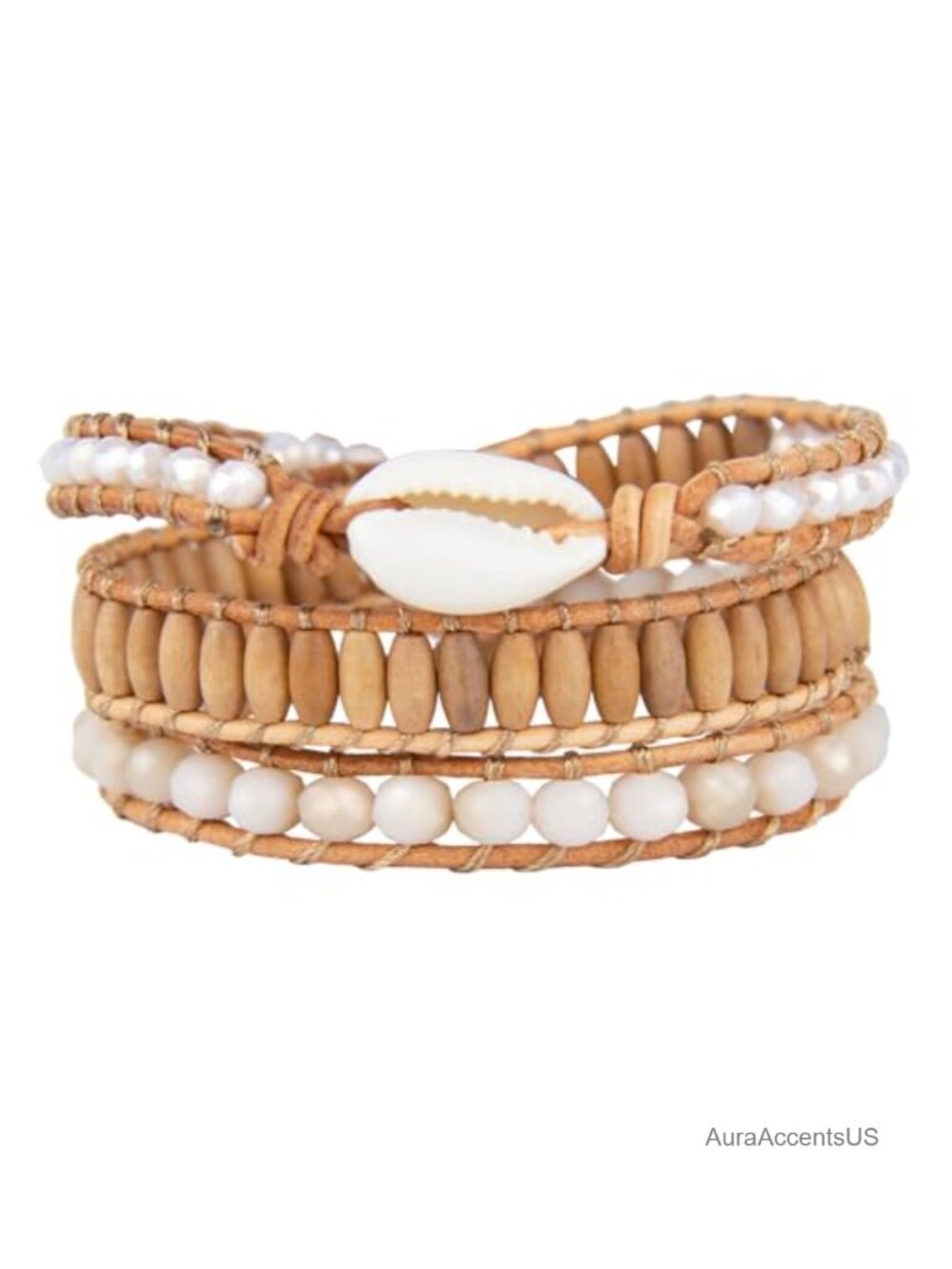Handmade Bohemian Leather Wrap Bracelet Crystal Shell Wooden Beads